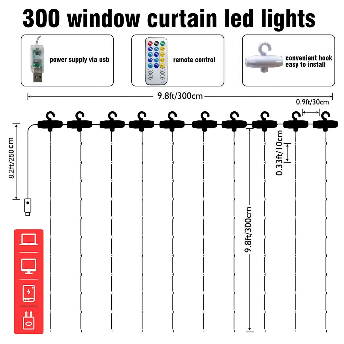Dazzle Bright Curtain String Lights, 300 LED 9.8ft x9.8ft Warm White Fairy Lights with 8 Lighting Modes, Waterproof Lights for Bedroom Christmas Party Wedding Home Garden Wall Decor