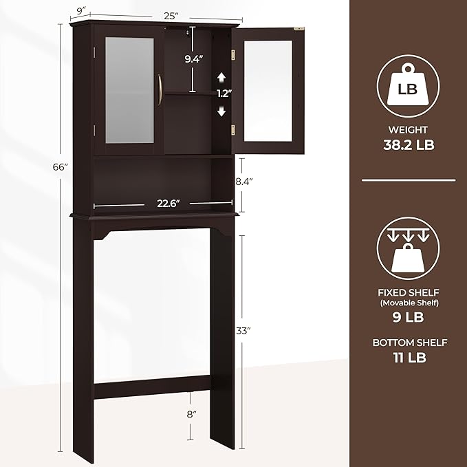 Yaheetech Over The Toilet Storage Cabinet, Free Standing Toilet Rack with Adjustable Shelves and Tempered Glass Doors for Bathroom Washroom, Espresso