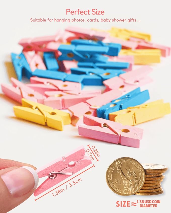 Pink Clothes Pins for Baby Shower, Mini Wooden Clothespins 1.4 Inch 50 PCS, Colored Tiny Clips Close Pin for Classroom Crafts Project Decorations Hanging Artwork Display Pegs