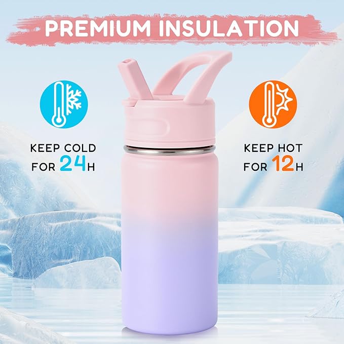 12oz Kids Water Bottle for School, Toddler Water Bottles with Straws, Insulated Water Bottles for Boys&Girls, Stainless Steel Vacuum Insulated Bottle for Kids, Leak-Proof, BPA-Free, Sugar Plum