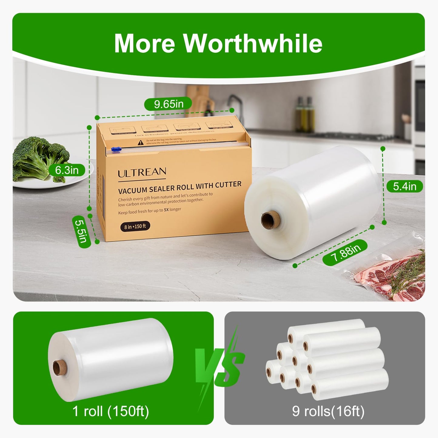 Ultrean 8" x 150' Vacuum Seal Roll Keeper with Cutter, Commercial Grade Vacuum Sealer Bags for Food Saver,BPA Free,Ideal for Storage, Meal Prep and Sous Vide