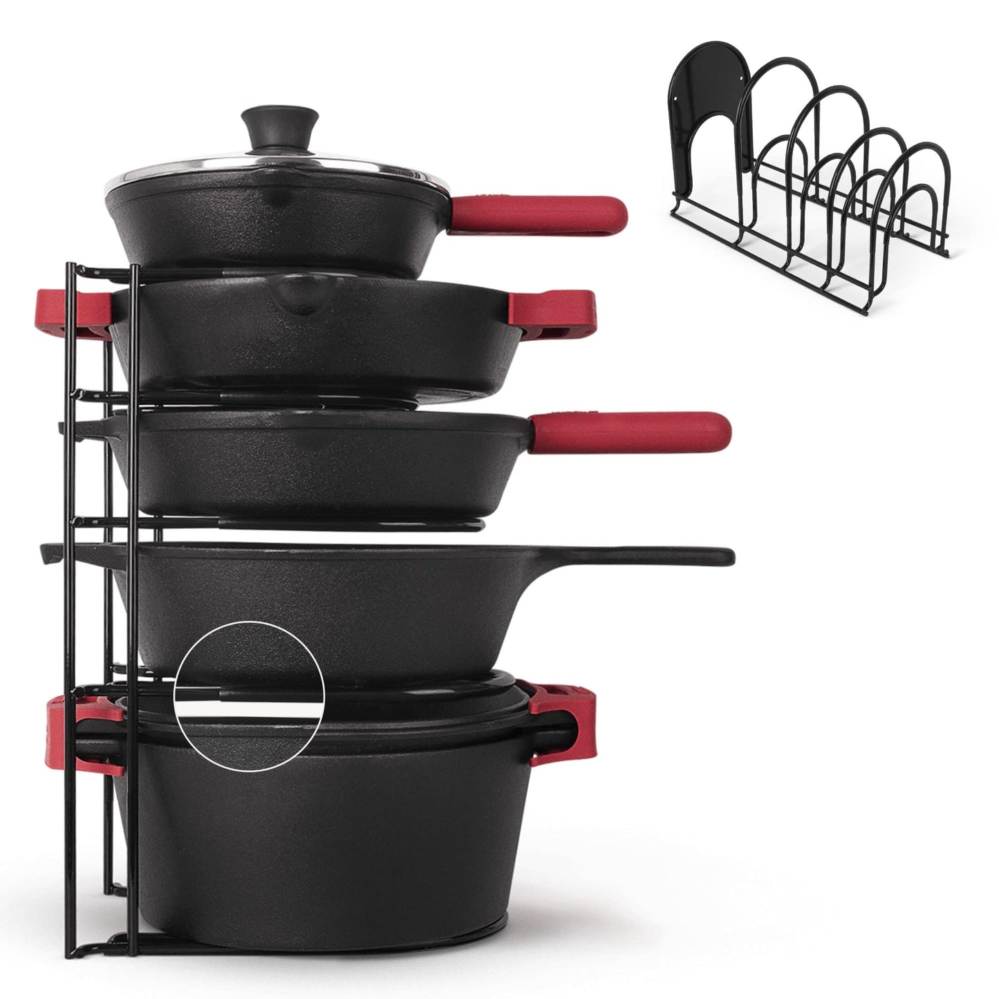 Cuisinel Pan Organizer for Cast Iron, XL 5-Tier Rack, Matte Black 15.9"