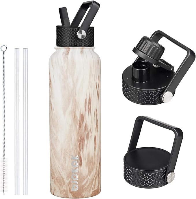 BJPKPK Insulated Water Bottles with Straw Lid, 40oz Stainless Steel Water Bottles with 3 Lids, BPA Free Leakproof Thermo, Tumblers, Cups for Sports-Wood Yellow Gray