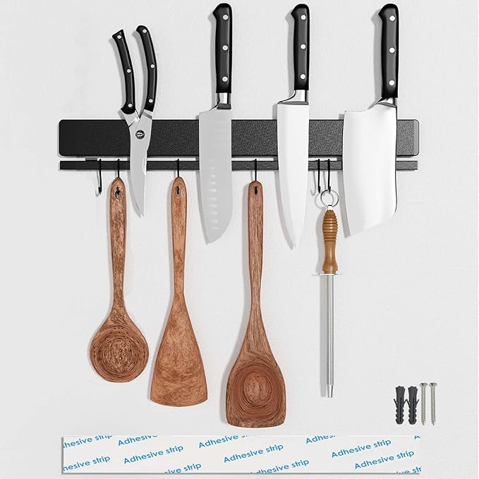 HomeSimplex 17 Inch Magnetic Knife Holder for Wall, Adhesive Knife Magnetic Strip No Drilling with 12 Hooks, Powerful Magnetic Knife Strip, Magnetic tool Holder for Kitchen Knives & Utensils (Silver)