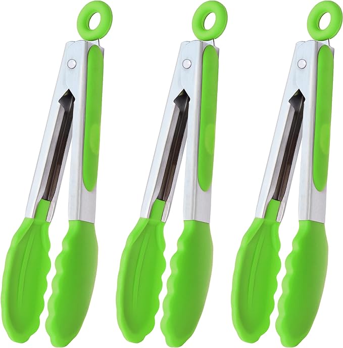 HINMAY Small Silicone Tongs 7-Inch Mini Serving Tongs, Set of 3 (Black Gray White)