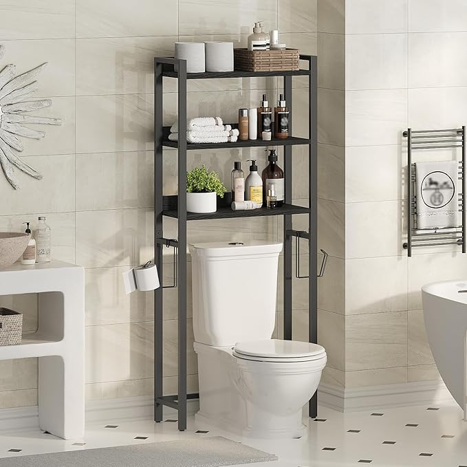 Over The Toilet Storage Rack, 3 Tier Bathroom Organizer Over Toilet, Freestanding Space Saver Toilet Stand with 2 Hooks, Bathroom Storage Shelf, Easy to Assemble, Black TSBK6001