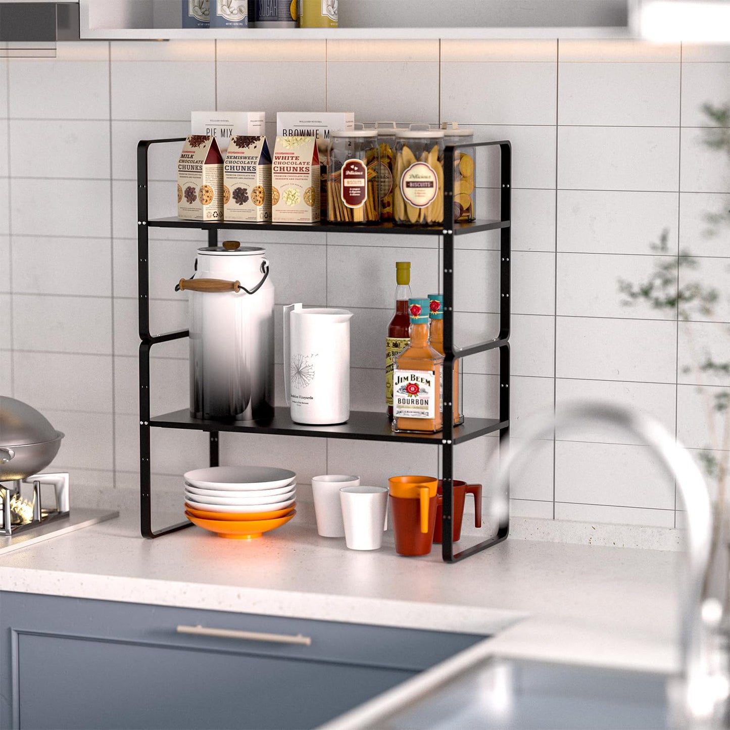 GEDLIRE Expandable Kitchen Cabinet Shelf Organizers 2 Pack, Stackable Metal Pantry Storage Shelves Rack, Adjustable Counter Shelf for Cabinets, Countertop, Cupboard Organizers and Storage, Black