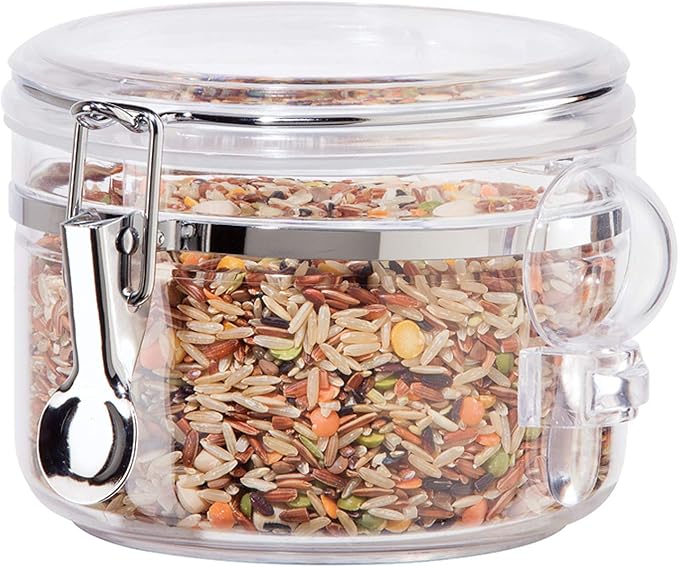 Oggi Clear Canister Airtight 72oz - Clamp Lid & Spoon - Airtight Food Storage Container, for Kitchen & Pantry Storage of Bulk, Dry Foods, Pasta, Flour, Sugar, Coffee, Rice, Tea, Spices & Herbs