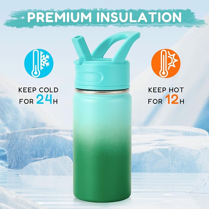 12oz Kids Water Bottle for School, Toddler Water Bottles with Straws, Insulated Water Bottles for Boys&Girls, Stainless Steel Vacuum Insulated Bottle for Kids, Leak-Proof, BPA-Free, Green Gradient