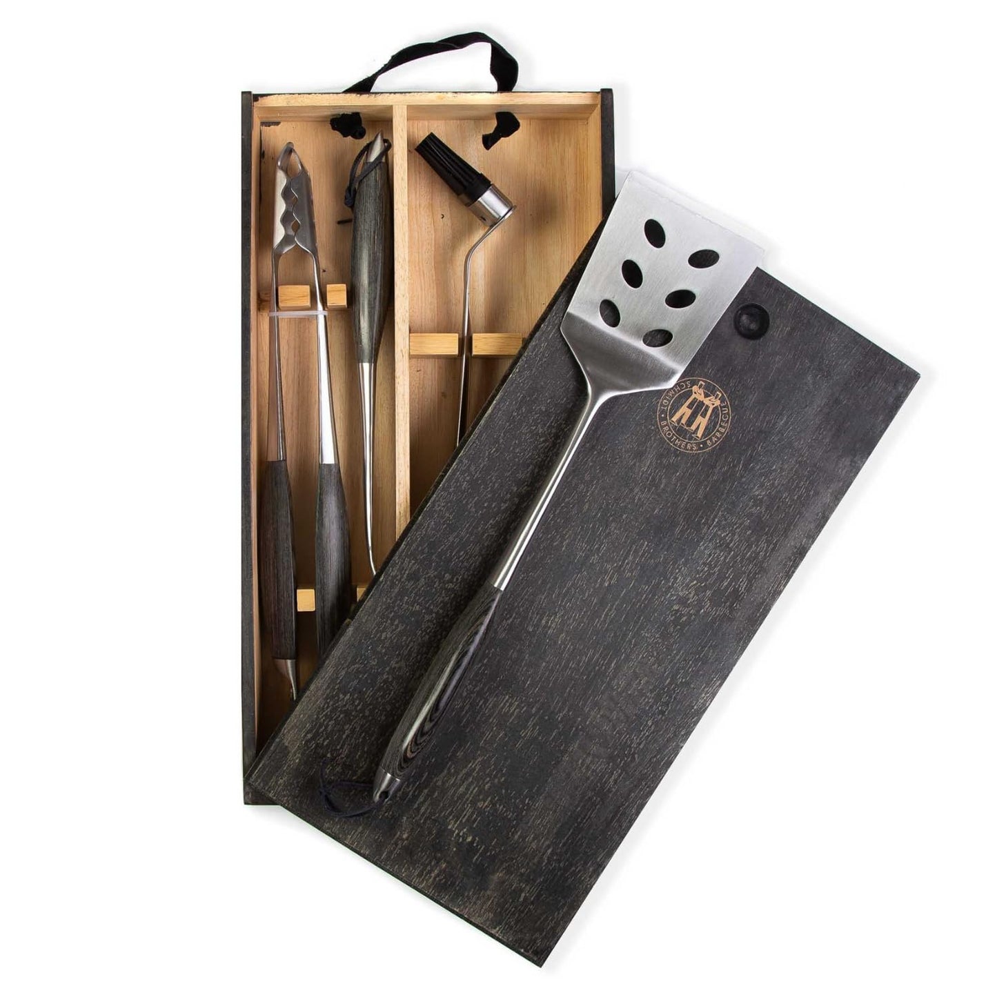 Schmidt Brothers - BBQ Bonded Teak 4 Piece Grilling Accessory Set, Full-Forged Stainless Steel Grilling Utensils Including Spatula, Fork, Basting Brush, and Tongs with All Wood Handles