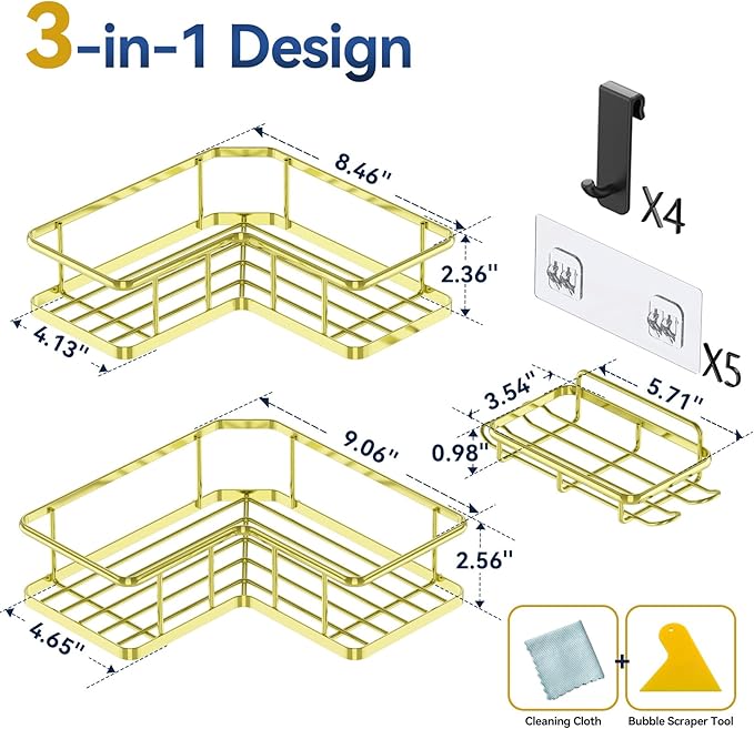 YASONIC Shower Caddy Corner, 3-Pack Adhesive Rustproof Stainless Steel Shower Shelves with Soap Holder, No Drilling Shower Organizer Corner for Dorm, Renters Bathroom, Gold