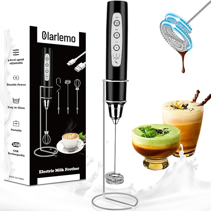 Colarlemo Milk Frother Handheld Rechargeable, Frother Wand Drink Mixer Electric Whisk for Coffee, Detachable With 3 Stainless Whisks, Hand Mixer for Lattes, Cappuccino, Matcha, Egg, No Stand, Beige