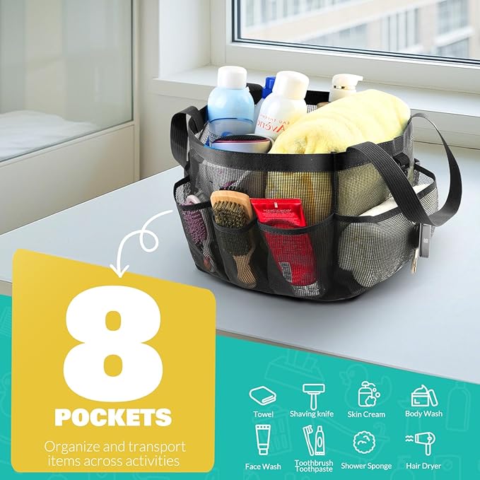 Mesh Shower Caddy Portable for College Dorm Room Essentials with 8 Pockets, Shower Bag for Beach, Swimming, Gym, Travel, Bathroom(Black)