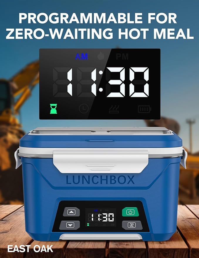 EAST OAK Cordless Electric Lunch Box for Adults, Heated Lunch Box Battery Powered with Automatic Heating, 5.5 Cups Portable Food Warmer with Removable Tray Divider