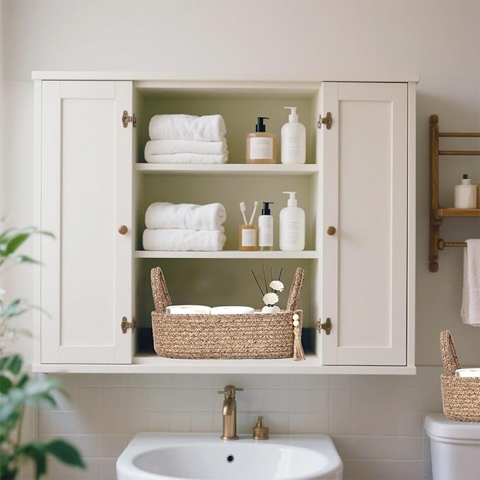 ABenkle Small Storage Basket for Toilet Tank Top - Jute Rope Woven Organizer with Handle, Boho Countertop Bathroom Decor, Toilet Paper Holder, 13x6x4 Inch