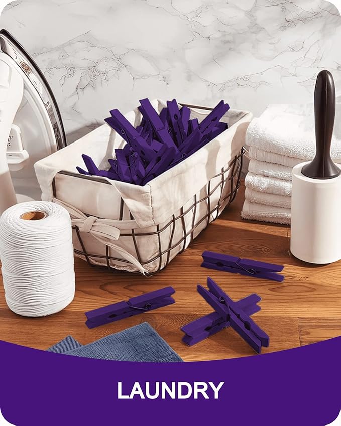 Colored Clothespins, Colorful Clothes Pins Wooden Clips Rainbow Colors 50 Pack Decorative Crafts Pegs Photos Pictures Decoration Clip Clothing Hanging Closepins, 2.83 Inch (Purple)