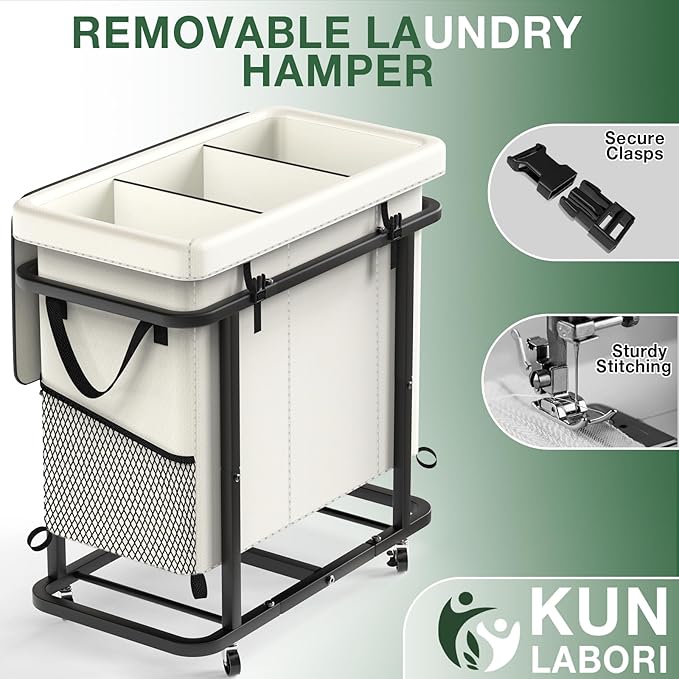 60 Gal(230L) High Grade Large Laundry Basket with Wheels, Rolling Laundry Hamper, Laundry Cart with Metal Frame and Removable Bag Design, Suitable for Laundry Room,Bedroom (White, 3 Section 230L)