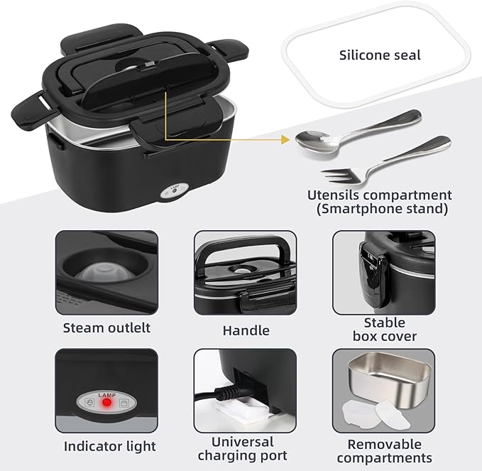 Electric Lunch Box, 12V/24V/110V Portable Food Warmer with SS Fork & Spoon for Car/Truck/Office, 80W Self Heating Lunch Box with 1.5L Container & 0.45L PP Fruit Box Matte Black