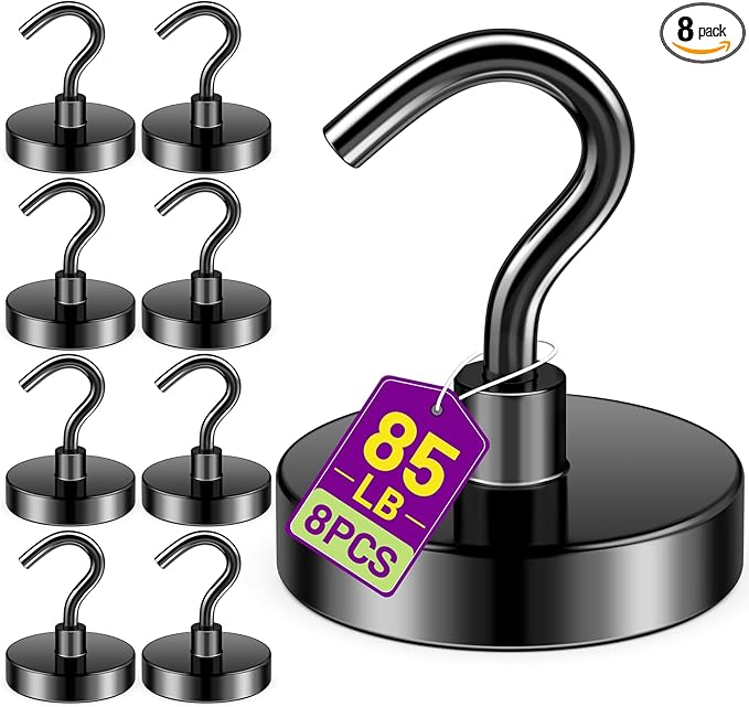 Black Magnetic Hooks, 85lbs Magnet Hooks for Hanging Mugs, Magnetic Key Holder for Fridge, Magnets for Classroom, Grill, Camper Accessories, Beach Vacation Essentials, Office Supplies, 8 Pack