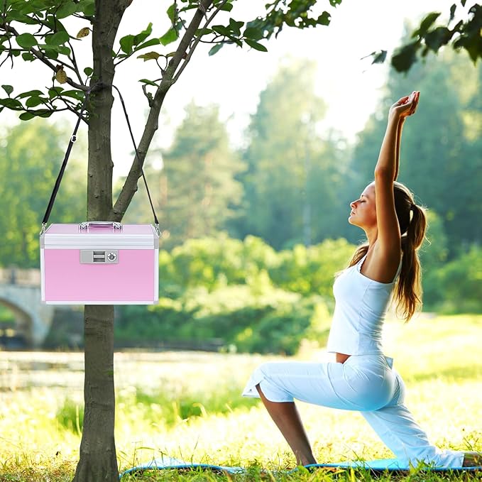 14" Medicine Lock Box, First Aid Safe Medication Storage Box,Aluminum Daily Medicine Cabinet,Key Medication Locking Storage Box for Family Use,14" x 7.9" x 8.7", Pink