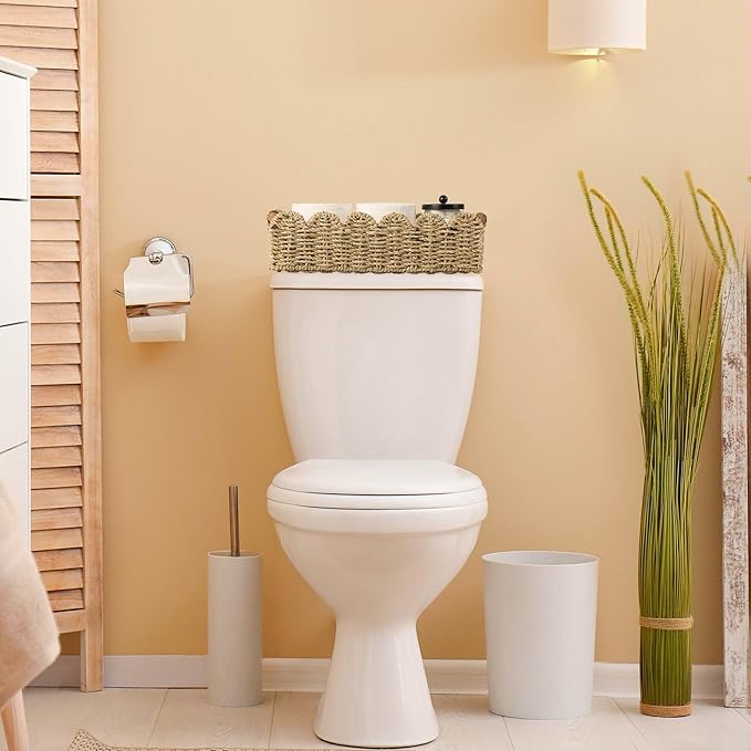 Toilet Paper Storage Basket Bathroom Counter Organizer Wicker Baskets for Organizing Cute Basket for Bedroom Nursery Room Kitchen Bathroom Decor -Seagrass Beige