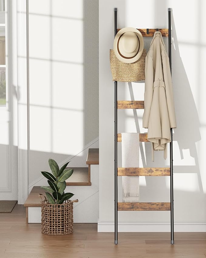 Blanket Ladder, 6-Tier Towel Holder with 4 Removable Hooks, Farmhouse Wall Leaning Decorative Rack Shelf, Wooden Towel Display Rack, Quilt Ladder for Living Room, Bedroom, Rustic Brown