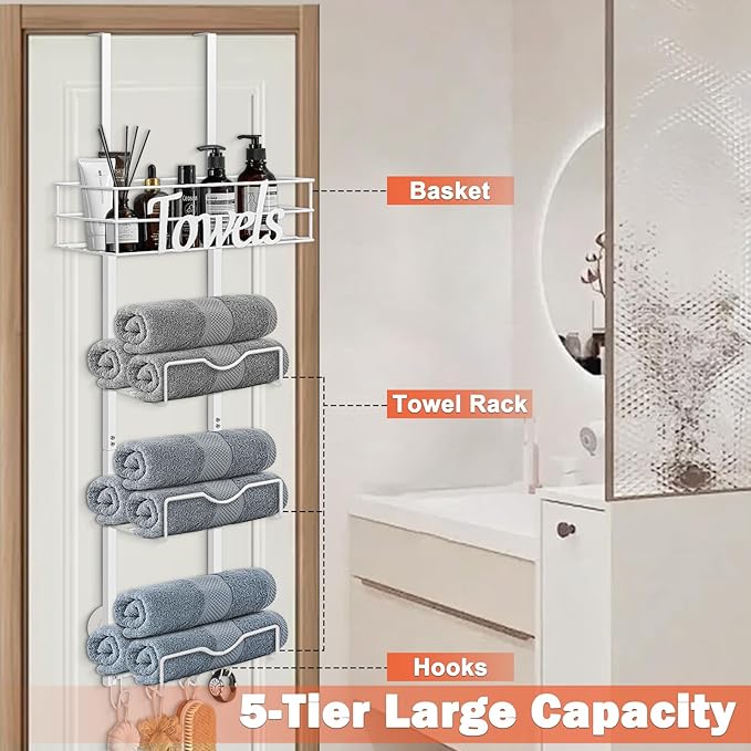 HarJue Over The Door Towel Racks, No Drill Towel Storage with Basket & Hooks, Space-Saving Multi-Functional Towel Holder for Bathrooms, bedrooms, Apartments, RVs (White)
