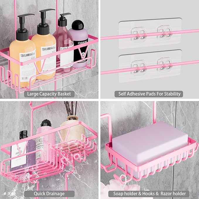 Hanging Shower Caddy Over Shower Head, Anti-Swing Shower Organizer For Inside Shower With 2 Soap Holders, Multi Hooks, Rustproof Bathroom Accessories, Pink