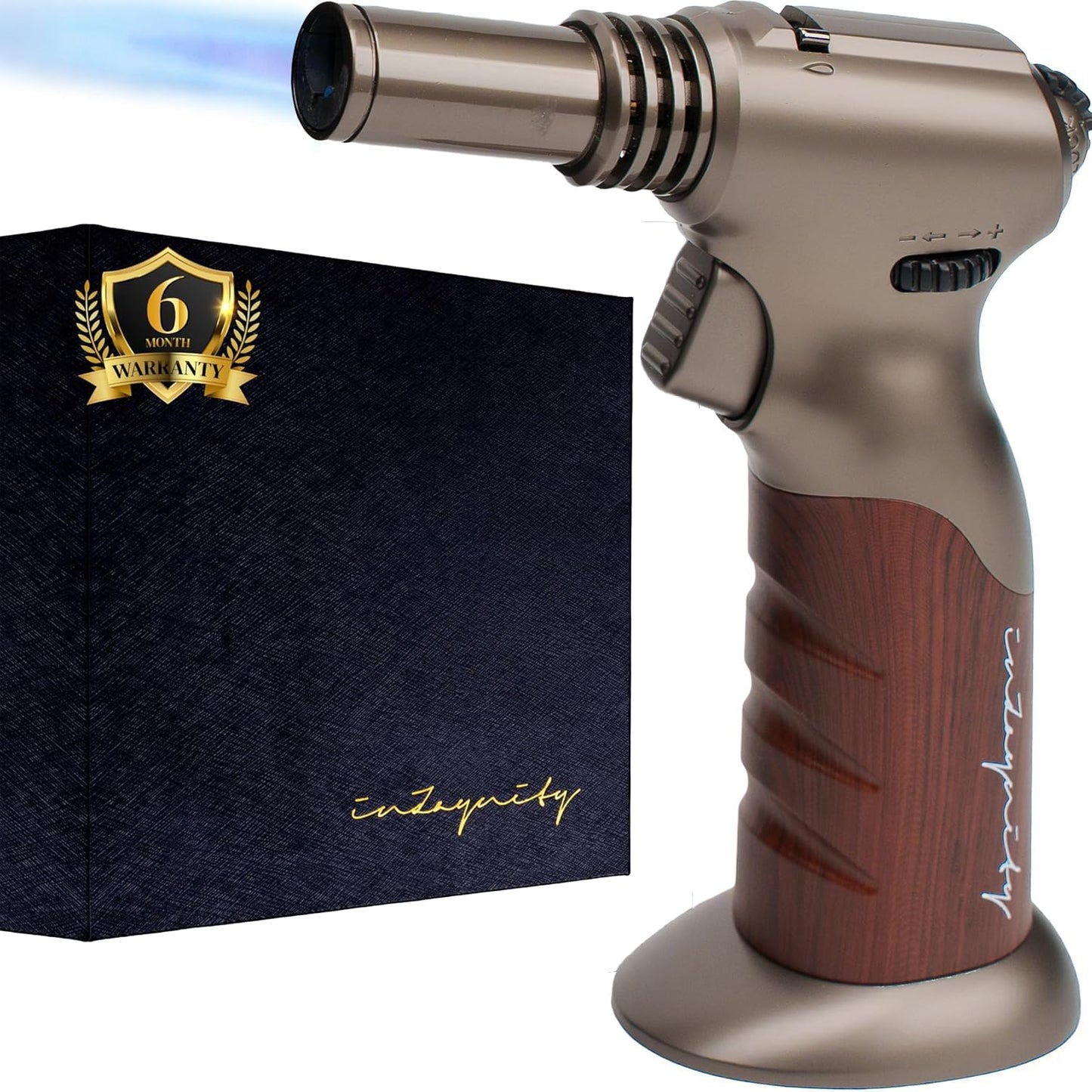 Dual Flame Butane Torch - Refillable Handheld Blow Torch for Cooking, Soldering, & Resin Art w/Adjustable Flame & Ignition Lock - Kitchen Blow Torch & Luxurious Gift Box by inZaynity® - Brown Steel
