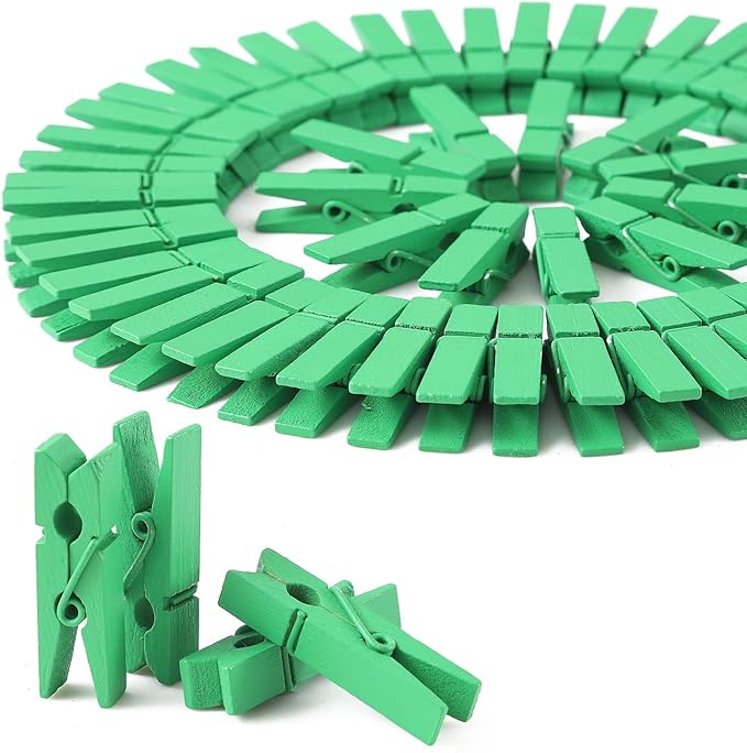 HSTECH 100 Pcs Green Mini Natural Wooden Clothespins and 82 Ft Jute Twine, Baby Clothes Pins, 1.38in Craft Photo Clips for Home School Arts Crafts Decor, DIY Decoration's, Arts and Crafts, Weddings