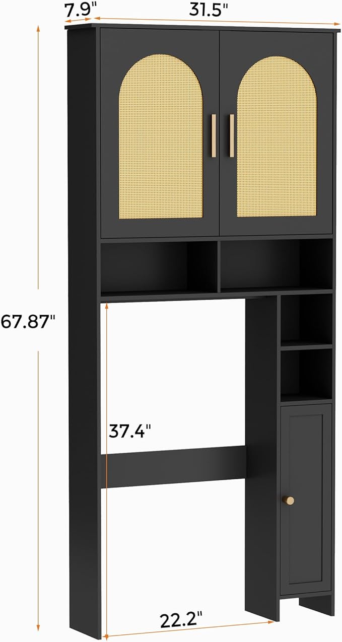 Homhedy 67" H Over The Toilet Storage Cabinet, Boho Bathroom Organizer with Rattan Decorated Doors, Adjustable Shelves, Toilet Paper Holder, Space-Saving Bathroom Shelf, Natural and Black