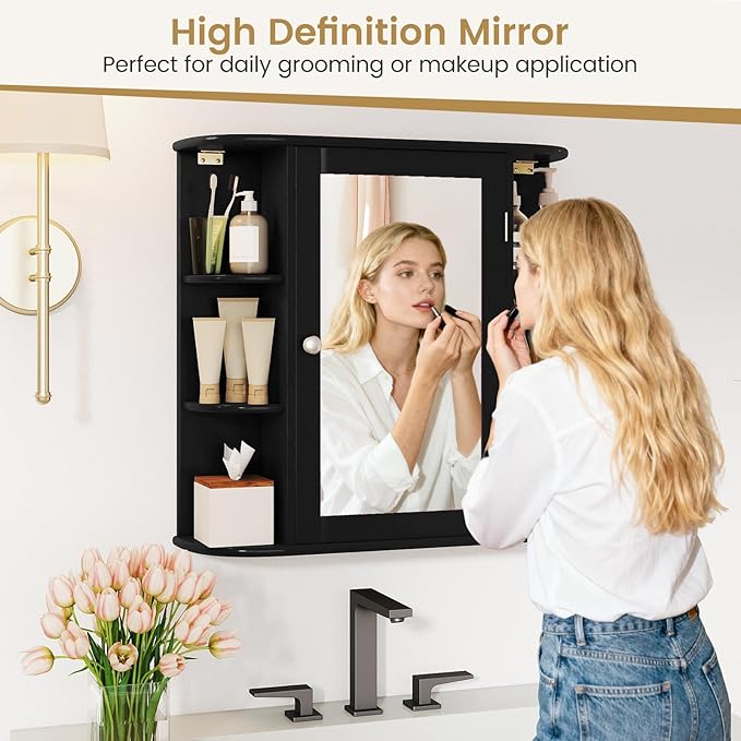 Tangkula Bathroom Medicine Cabinet with Mirror, Modern Wall Mounted Space-Saving Storage Organizer with Mirrored Door, 4 Internal Shelves & 6 Open Side Shelves, Bathroom Wall Cabinet (Black)