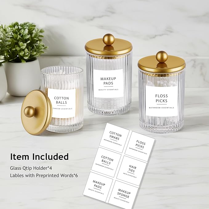 SheeChung 4-Pack Gold Ribbed Glass Qtip Holder - Apothecary Jars Bathroom Organizer Set with Lids - Vanity Storage Canisters for Cotton Balls, Pads, Swabs, Floss Picks - Modern Farmhouse