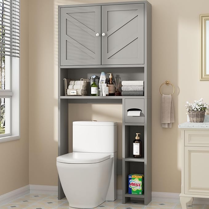 Shintenchi Over The Toilet Storage Cabinet, Bathroom Storage Cabient with Barn Doors, Bathroom Storage Shelf Organizer with Toilet Paper Holder, Adjustable Shelf and Anti-Tip Device, Gray