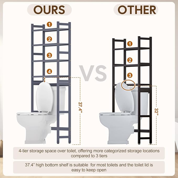 Over The Toilet Storage with 2 Baskets, 4-Tier Bamboo Organizer Rack with Paper Holder & 4 Hooks & Waterproof Feet Pad,Freestanding Shelf for Bathroom(Grey)