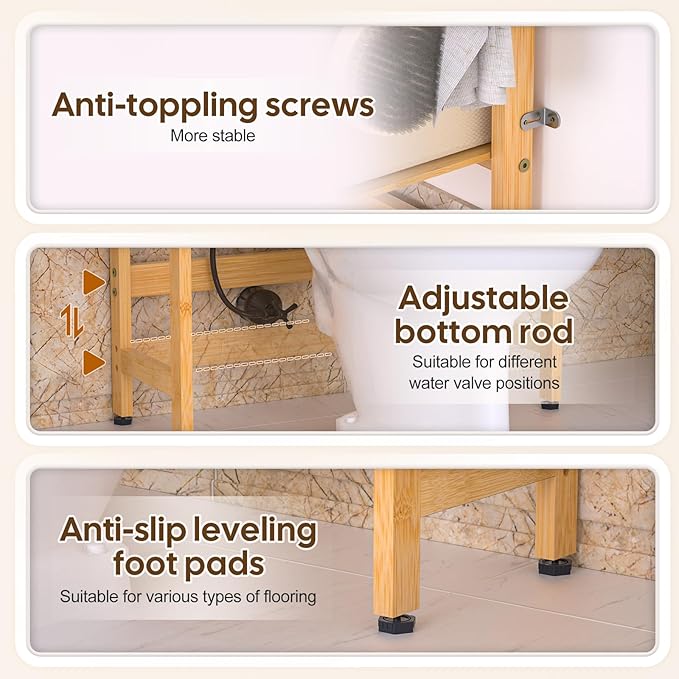 Over The Toilet Storage with 2 Baskets, 4-Tier Bamboo Organizer Rack with Paper Holder & 4 Hooks & Waterproof Feet Pad,Freestanding Shelf for Bathroom(Natural)