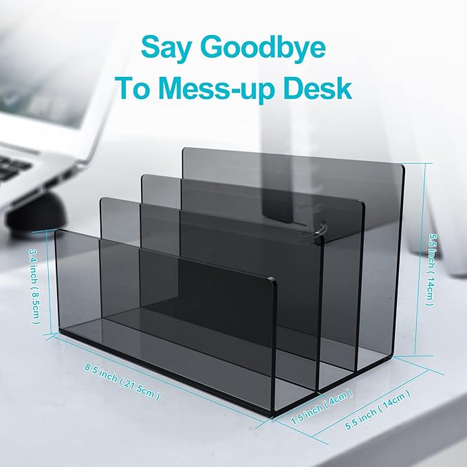 Boloyo Acrylic File Holder,1PC 3 Sections Clear Black File Organizer Mail Letter Sorter Desktop Folder Holder for Home Office School Envelope Bill Filling Paper Document