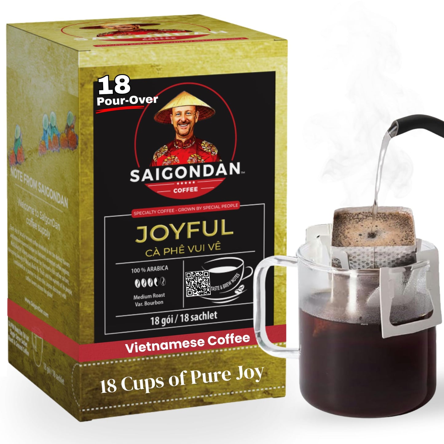 Joyful Pour Over Vietnamese Coffee – Saigondan Single Serve Coffee Sachets | Medium Roast 100% Arabica Bourbon | Instant Specialty Coffee for Travel & Camping | Notes of Orange Blossom (18 Sachets)