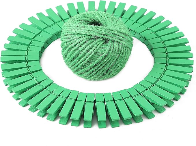 HSTECH 100 Pcs Green Mini Natural Wooden Clothespins and 82 Ft Jute Twine, Baby Clothes Pins, 1.38in Craft Photo Clips for Home School Arts Crafts Decor, DIY Decoration's, Arts and Crafts, Weddings