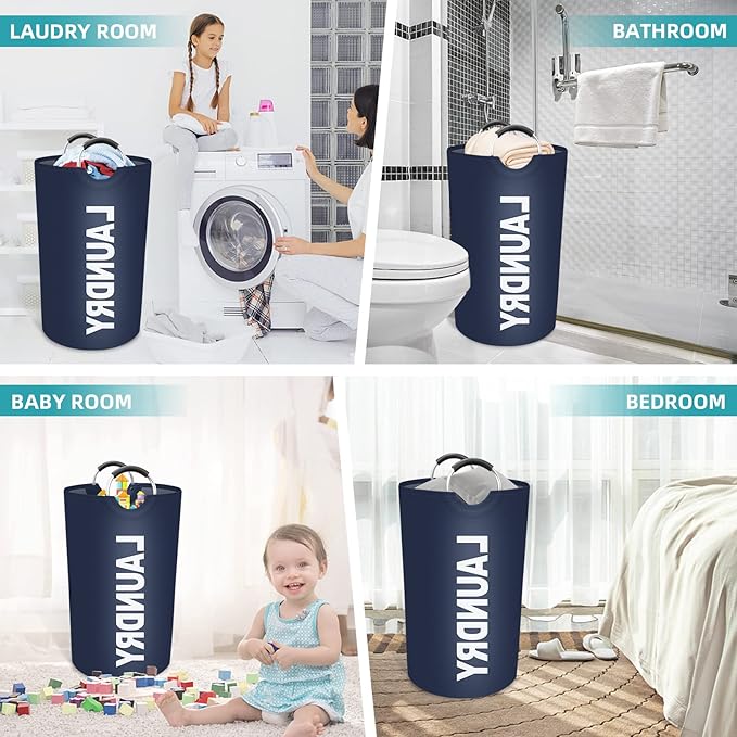 StorageRight 75L Large Laundry Basket, Laundry Hamper, Dirty Clothes Hamper for Laundry, Collapsible, Waterproof Laundry Baskets with Foam Protected Aluminum Handles for Laundry, Dorm, Family (Blue)