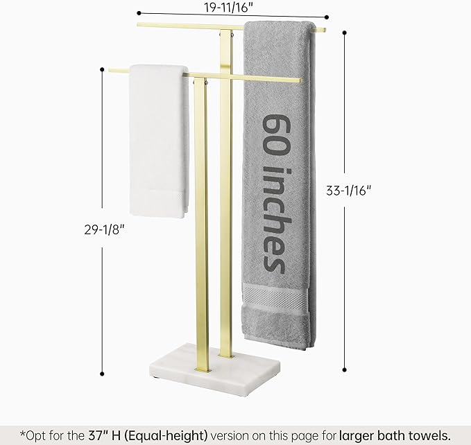 KES Standing Towel Rack with Marble Base, 2-Tier Towel Stand for Bathroom Floor, Upgrade Steady Design, T-Shaped Towel Drying Rack Gold, SUS304 Stainless Steel, Brushed Gold Finish, BTH217-BZ