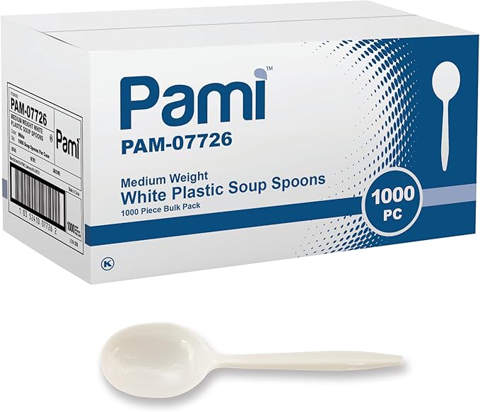 PAMI Medium Weight Disposable Plastic Soup Spoons,White,Bulk Pack,1000 Ct
