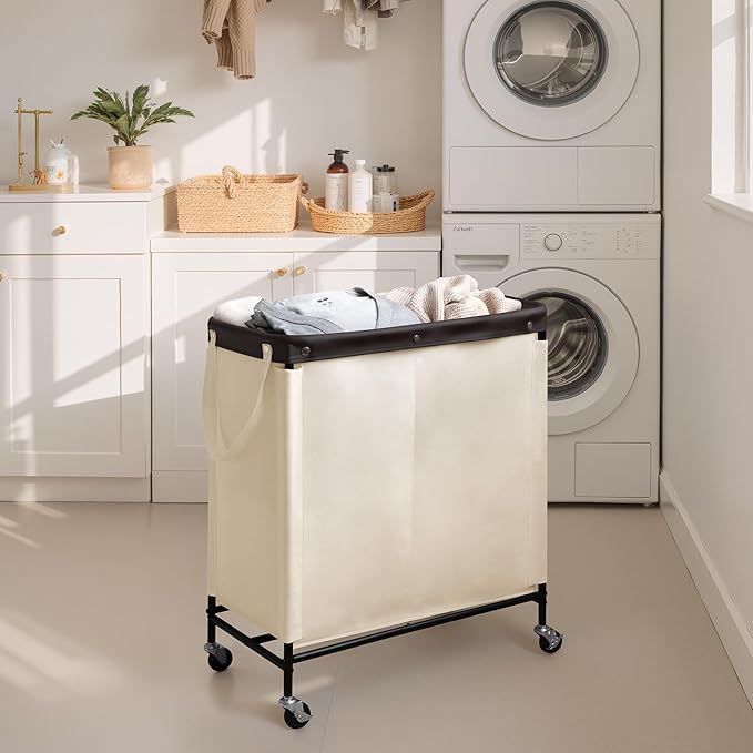StorageWorks 2 Section Laundry Hamper, Rolling Laundry Cart with Wheels and Handles, Laundry Room Double Sorter for Organizer and Storage, 26.4 Gal(100L), Beige