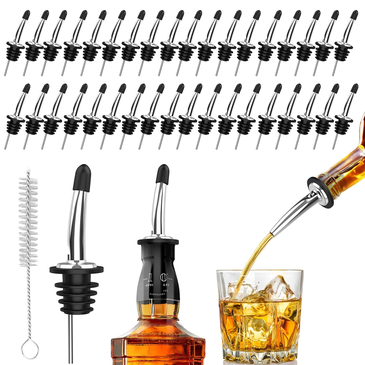 SINLUCESCE 48-Pack Stainless Steel Pour Spouts for Liquor Bottles Oil Vinegar and Wine,Liquor Bottle Pourers with Rubber Dust Caps,Bar accessories,Pourers for Bartending