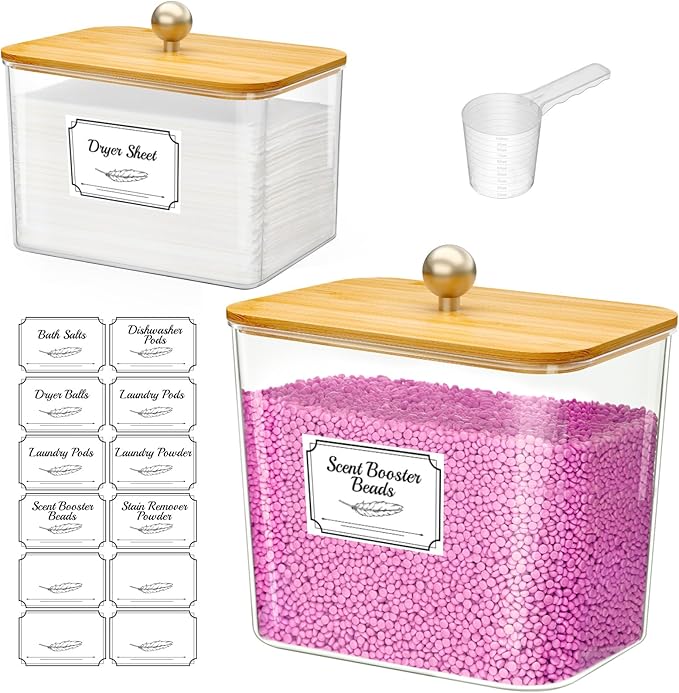 Lifewit Large Laundry Pods Container& Dryer Sheet Holder, Laundry Storage Containers, Laundry Room Organization Storage Jars for Powder, Scent Booster Beads,Bamboo Lid,0.53+0.7 gal,2 Pcs