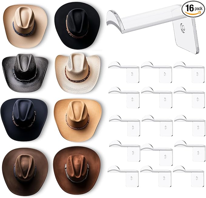 2.8 Inch Hat Hooks for Wall - (16 Pack) Cowboy Hat Rack, Strong Adhesive Cap Holder, Organizer for Baseball Caps, Western Room Decor - Clear