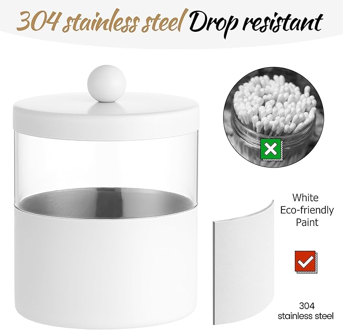 Gaussra White Apothecary Jars, White Qtip Holder - Stainless Steel Bathroom Jar with Stickers - Farmhouse Decor Qtip Dispenser for Qtips, Cotton Balls, Swabs, Makeup Sponges (2-Pack)