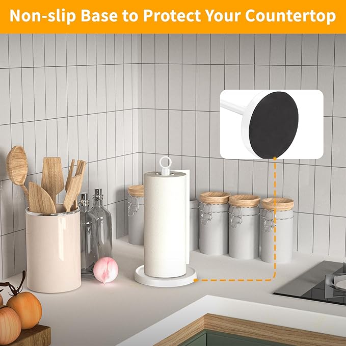 White Paper Towel Holder Countertop, White Kitchen Accessories Decor, Stainless Steel, Paper Towel Holder Stand for Bathroom Farmhouse Essentials, Weighted Base, Anti-Slip