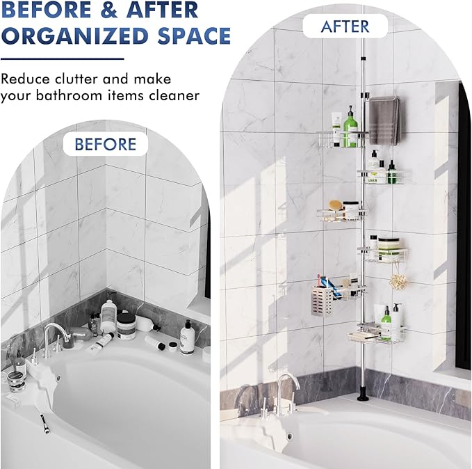 Shower Caddy Corner Tension Pole, Stainless Steel Rustproof 6 Shelves Bathroom Organizer with Towel Bar & Toothbrush Holder, Adjustable Shower Shelf for Renters - Family Stand Storage Rack