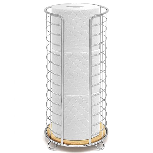 BROOKSTONE, Stylish Toilet Paper Holder with Bamboo Base, Freestanding Bathroom Tissue Organizer, Minimalistic Storage Solution, Modern Trending Design [Holds Large Rolls], Chrome…